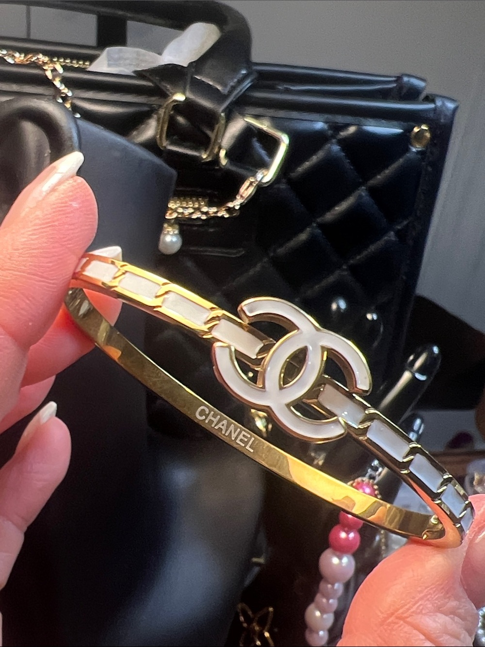 Gold and White Enamel Interlocking C Link Bangle